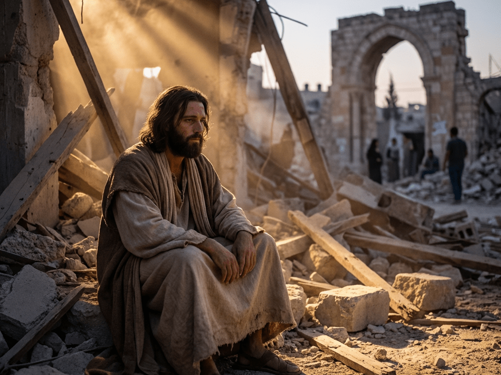 A man in biblical attire sits in the ruins of a destroyed urban area.