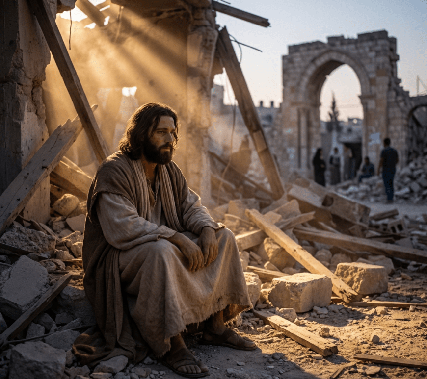 A man in biblical attire sits in the ruins of a destroyed urban area.