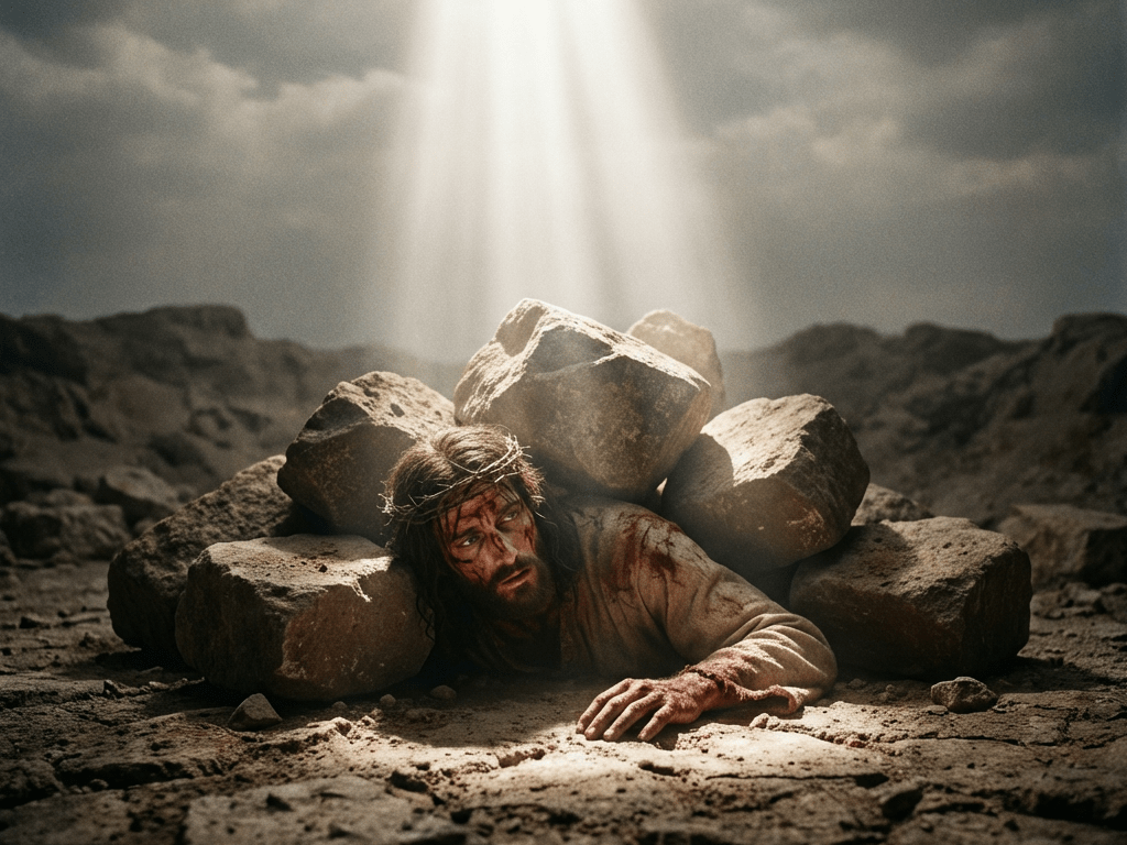 Man with crown of thorns pinned under stones, illuminated by a beam of divine light.