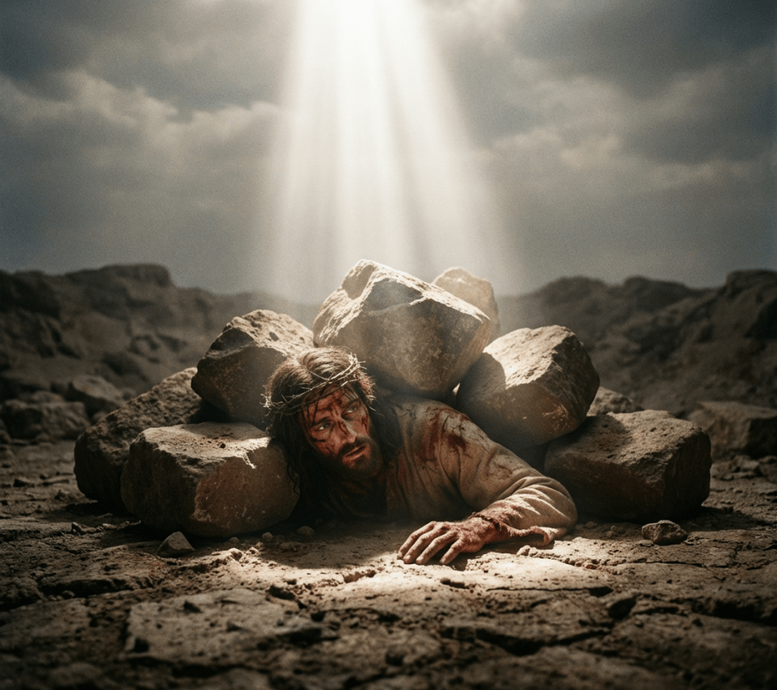 Man with crown of thorns pinned under stones, illuminated by a beam of divine light.