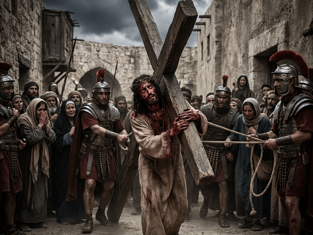 Jesus carries a large wooden cross while surrounded by soldiers and onlookers. Photo by Paolo Pellegrin.