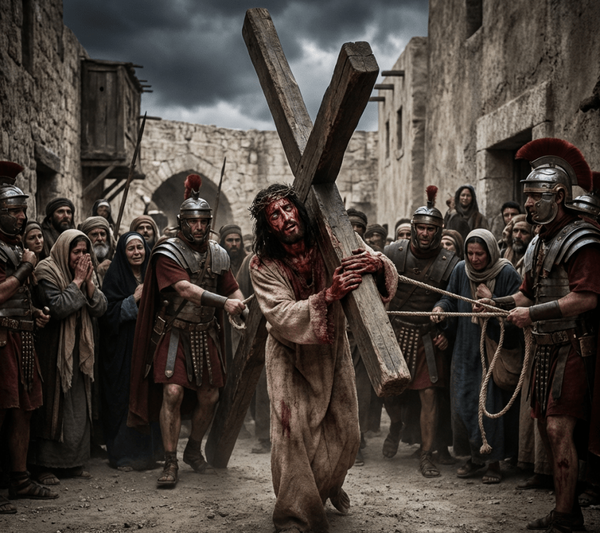 Jesus carries a large wooden cross while surrounded by soldiers and onlookers. Photo by Paolo Pellegrin.