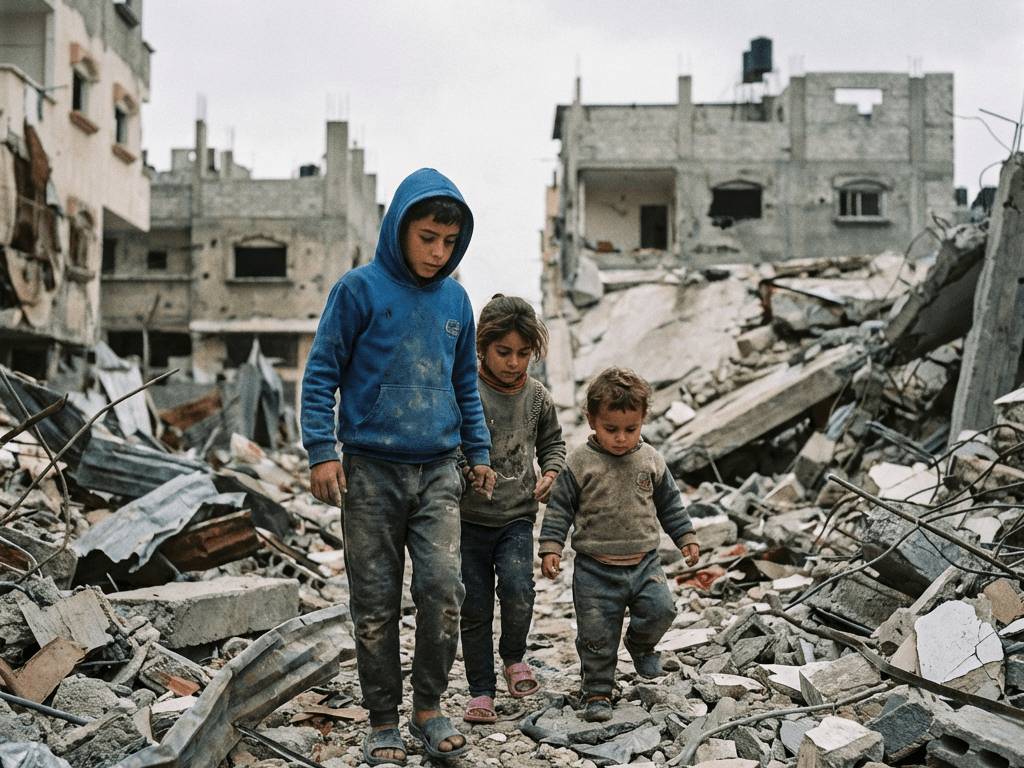 Three children walk through a landscape of heavy rubble and destroyed buildings.
