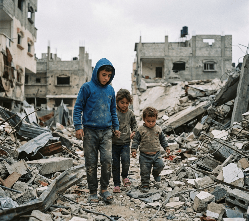 Three children walk through a landscape of heavy rubble and destroyed buildings.