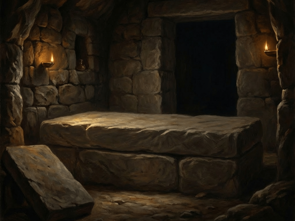 Followers mourning over the shrouded body of Jesus in a dimly lit stone tomb.
