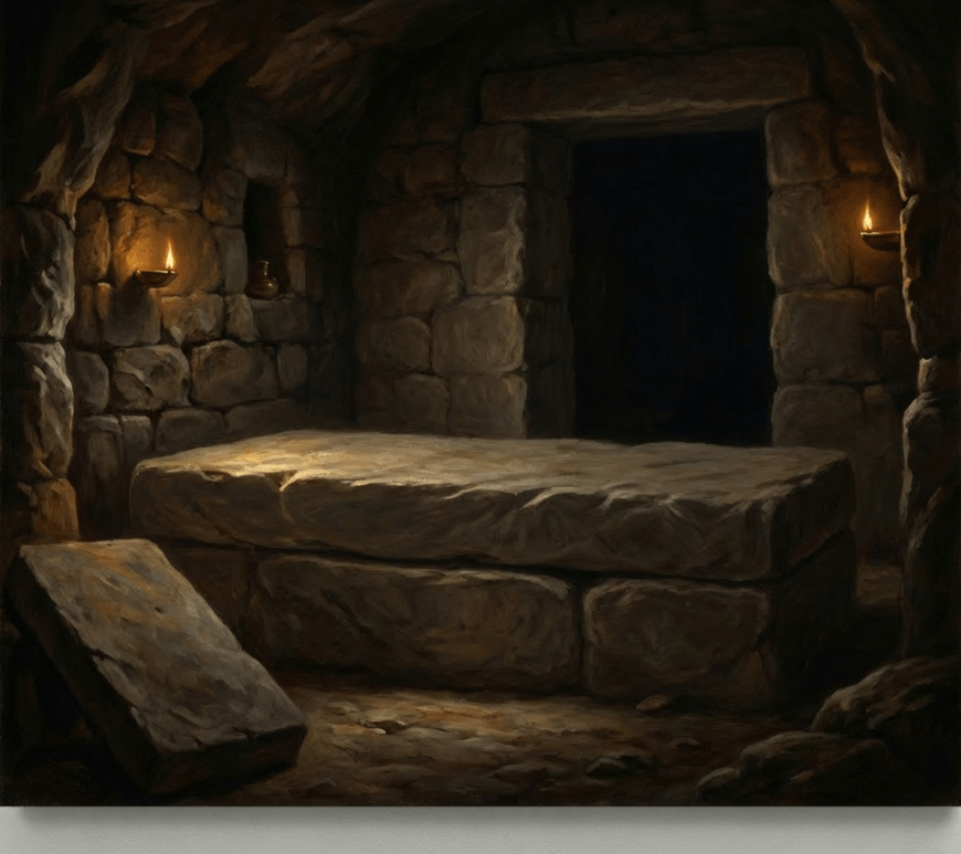 Followers mourning over the shrouded body of Jesus in a dimly lit stone tomb.