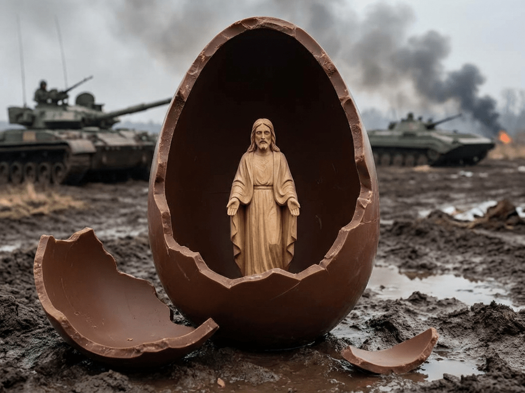 Carved Jesus figurine inside a broken chocolate egg on a muddy battlefield with tanks.