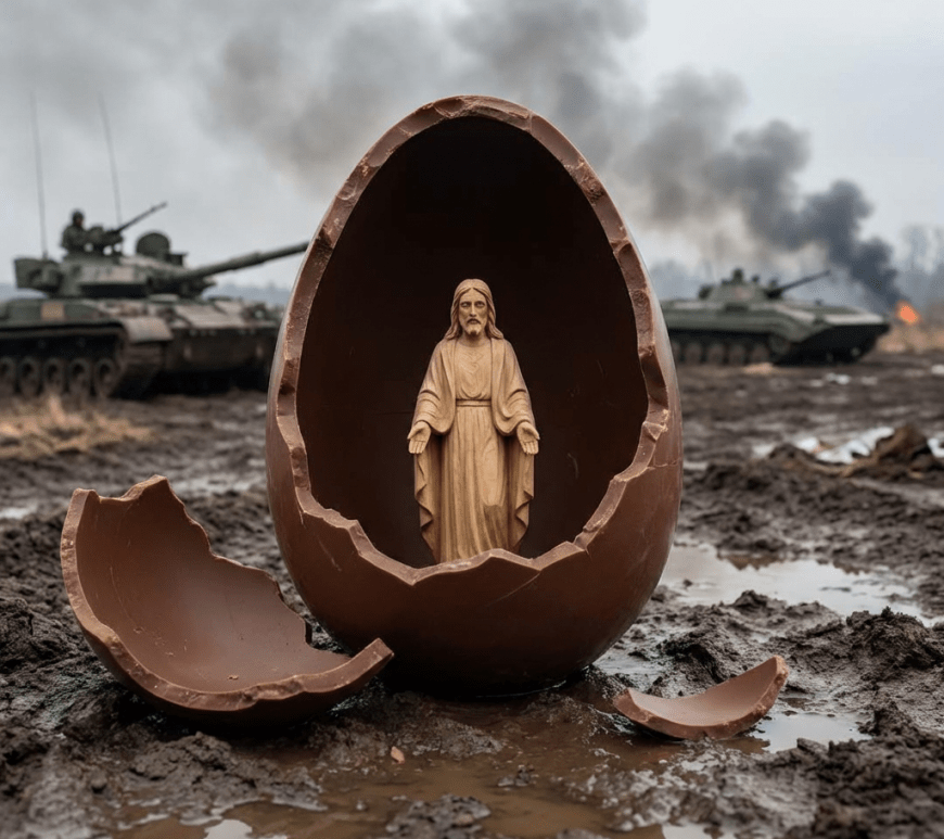 Carved Jesus figurine inside a broken chocolate egg on a muddy battlefield with tanks.